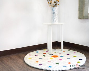 White Wool Felt Ball Round Rug with Flowers Design Dots | Kid's Nursery Carpet | Handmade Pom Pom Ball Mats | Living Room Rugs