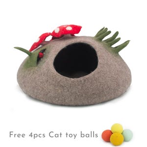 50cm Wool Felt Cat Cave With Mini Mushroom | Felted Cat Bed | Felt Pet House | Fair Trade | 100% Wool and Handmade