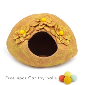 50cm Wool Felt Flower Design Cat Bed, Golden Handmade Cat Cave House, Floral Cat Cocoon