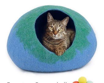 50cm Large Wool Felt Gradient Cat Bed House, Wool Handmade Cat Cave: Certified Fair Trade and 100% Handmade