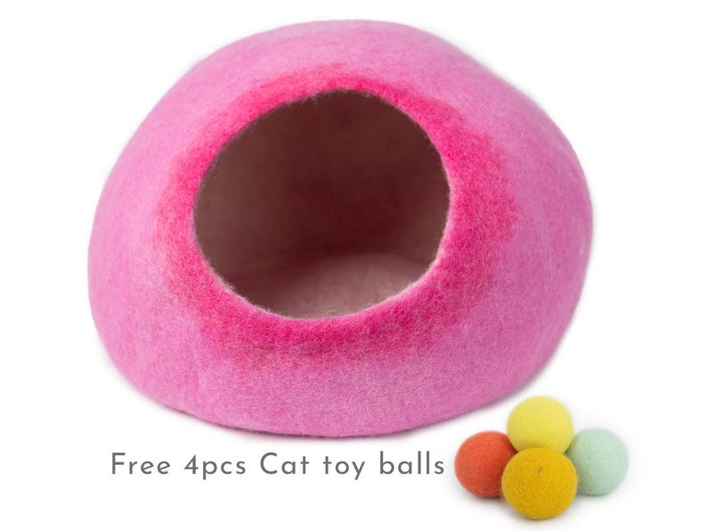 May include: Pink felt cat bed shaped like a dome with a round opening. The bed comes with four colorful felt balls. Free 4pcs Cat toy balls.