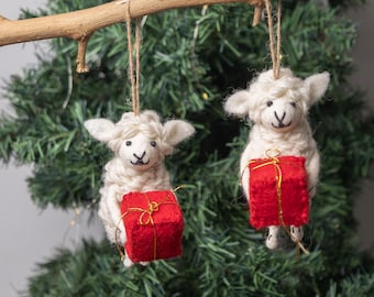 10x5cm Handmade Felt Sheep Ornaments Bulk | Wool Lamb Christmas Decor | Felt Animal Ornament with Gift | Eco-Friendly Tree Hanging Ornament