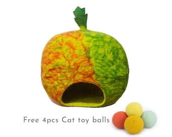 Kattenmand/grot van wolvilt in de vorm van een meloen, boho kattencocoon, 50 cm