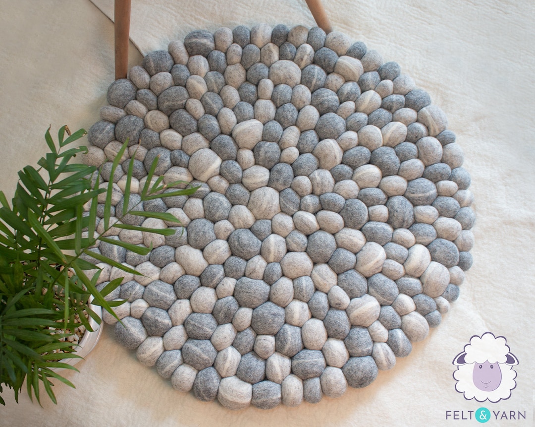 Stone Pebble Felt Rug Round and Rectangular Wool Pom Pom Etsy