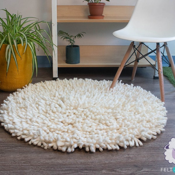 Round Ivory White Wool Felt Shag Rug - Eco-Friendly & Free Delivery