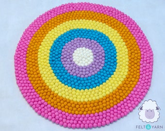 Rainbow Round Felt Ball Rug | Felt Pom Pom Rug for Living Room, Bedroom and Kids Nursery Decor | Handmade Felt Floor Carpet