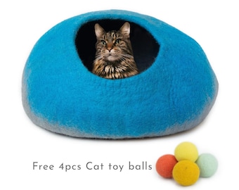 50cm Blue and Grey Modern Felt Cat Bed | Handmade Cat Cave House | Wool Pet Bed | Gift for Cat Lovers | Modern Cat Furniture
