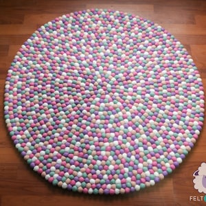 Wool Felted Ball Rug with Pinkish Tone | Felted Ball Carpet | Handmade Wool Pom Pom Nursery Play Mats for Kids