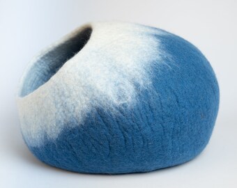 Handmade Blue Gradient Wool Felt Cat Cave | Cozy Cat Bed