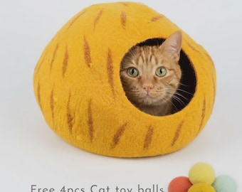 Cueva para gatos de fieltro de lana hecha a mano, diseño de vetas, cama para gatos de 50 cm