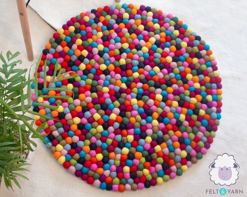 Natural Felt Multicolor Round Pom Pom Carpet, 100% Wool, Rug Perfect for Nursery Room, Bedroom, and Living Room, Handmade with Fair Trade image 5