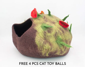 50cm Jungle Cat Bed Cave, 100% Wool Felt Handmade Kitten Cat House Cocoon