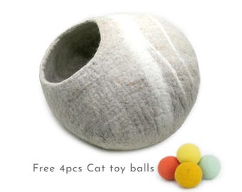 Handmade Wool Cat Cave Bed, Stripe Design with Cat Toys