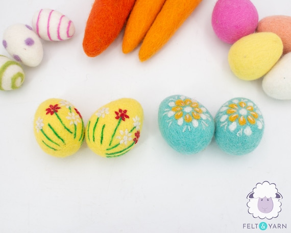Handmade Wool Felt Yellow and Blue Floral Design Eggs for Easter | Felt Easter Ornaments | Easter Egg Hunt | Easter Decorations