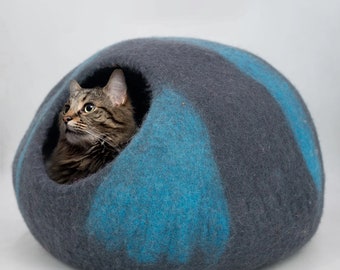 Grotte de maison de chat à rayures bleues grises de 50 cm, cocon fait à la main en laine