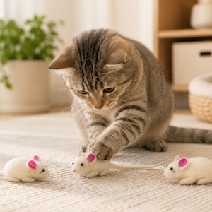 Puede incluir: Un gato atigrado marrón con rayas oscuras jugando con tres pequeños juguetes de ratón hechos de lana fieltrada blanca. Cada ratón tiene orejas internas rosas, ojos de cuentas negras y una cola larga y delgada. El gato toca un ratón con su pata.