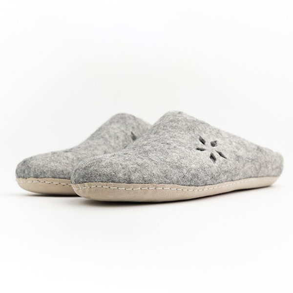 Grey 100% Wool Felted Slippers with Flower