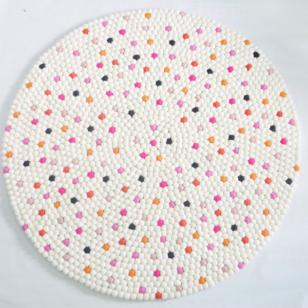 Handmade Round White Wool Felt Ball Rug with Multicolor Dots | Pom Pom Rug | Felt Rug for Living Room, Nursery and Bedroom | Free Shipping