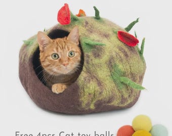 Cama cueva para gatos de jungla de 50 cm, hecha a mano en fieltro de lana 100 %