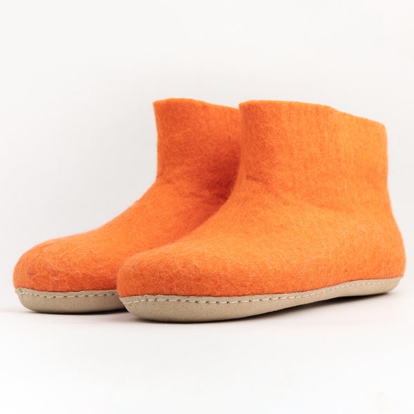 Orange Handmade Wool Felted Slipper Boots with Suede Soles Best for Both Indoor and Outdoor