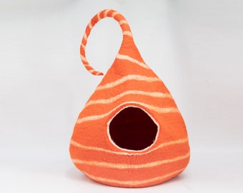 40cm Orange Stripe Wool Felt Cat House with Tail for Small and Big Cats | Handmade Cat Cave