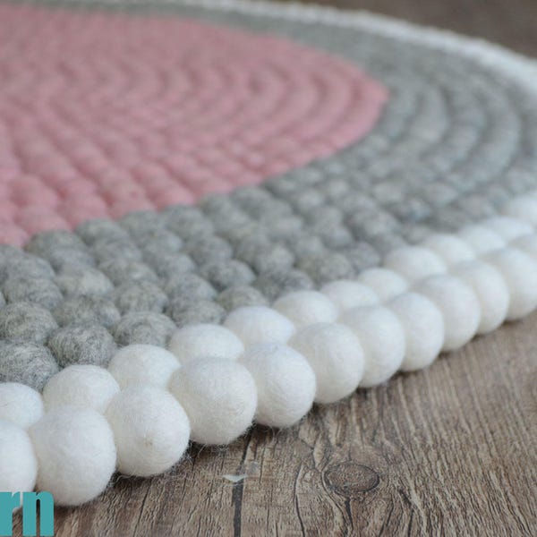 Pink, Grey and White Round Wool Felt Ball Rug,  Living Room Rugs, Bedroom Area Rugs, Nursery Area Rugs, Felt Pom Pom Rug, Free Shipping