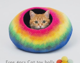 Grande niche pour chat arc-en-ciel en feutre de laine 50 cm, Grotte pour chat en feutre fait main, Lit pour chat en laine isolé | Grotte écologique pour lit de chat