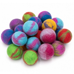 May include: A collection of round felt balls in a variety of vibrant colours including lime green, bright blue, magenta, purple, and yellow. Each sphere features a marbled or swirled pattern of blended wool fibres, creating a textured surface.