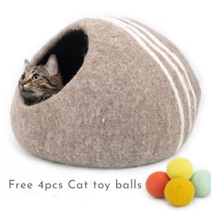 50cm Handmade Wool Felted Cat Cave House with Striped Design