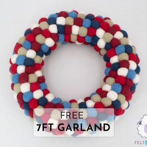 Wool Felt Ball Wreath, Christmas Felt Ball Wreath, Christmas Door Decorations: Fair Trade and Ethically Made in Nepal