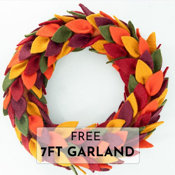 Couronne de feuilles feutrées | Couronne de feuilles de laine | Couronne d’automne | Couronne de feutre d’automne | Couronne de Thanksgiving | Couronne de laine feutrée | Couronne de porte en laine