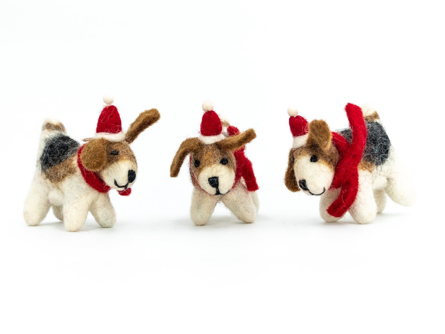Felt Dog Santa Hat with Red Scarfs - Mini Christmas Ornaments - Holiday Tree Decorations - Xmas Tree Ornaments