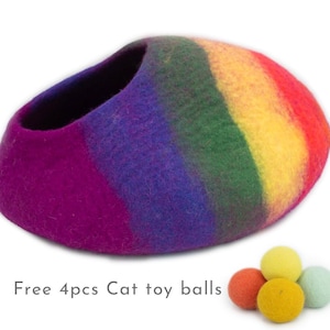 50cm Rainbow Pattern Cat House Bed, Wool Felted Cat Cave Handmade Pet Cocoon