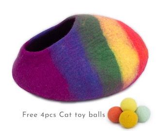 50cm Rainbow Pattern Cat House Bed, Wool Felted Cat Cave Handmade Pet Cocoon