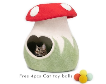 Wool Felt Mushroom Cat Cave | Premium Cat Bed | Kitty Bed | Felt Cat House | Fair Trade | 100% Wool and Handmade