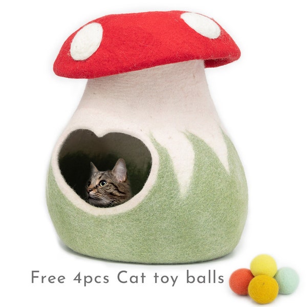 Wool Felt Mushroom Cat Cave | Premium Cat Bed | Kitty Bed | Felt Cat House | Fair Trade | 100% Wool and Handmade