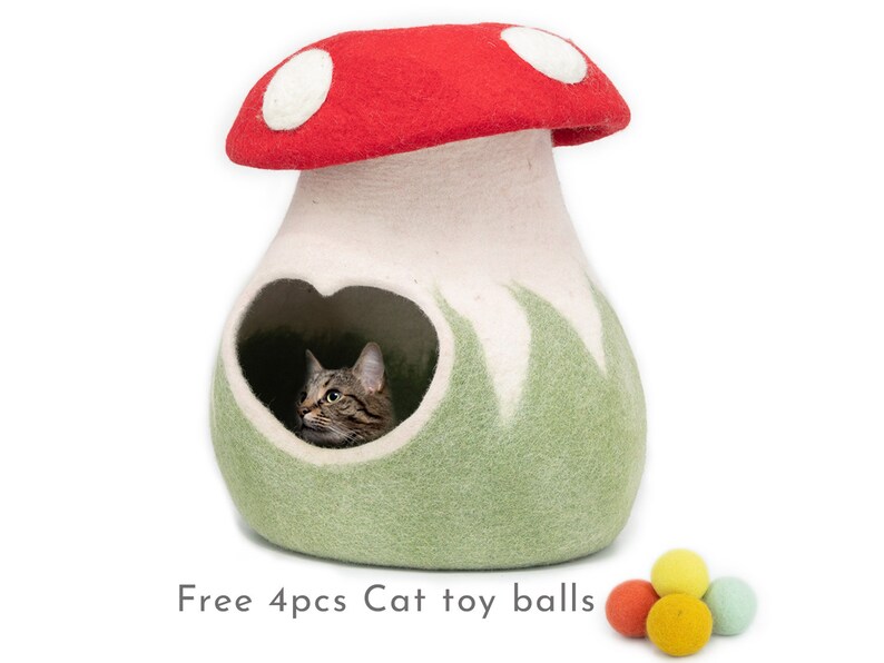 Wool Felt Mushroom Cat Cave Premium Cat Bed Kitty Bed Felt Cat House Fair Trade 100% Wool and Handmade image 1