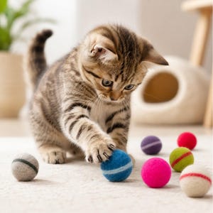 May include: A small tabby kitten with brown and black stripes playing with a collection of colourful felt balls. The balls are blue, grey, purple, red, lime green, pink, and cream, each featuring a single thin horizontal stripe around the centre.
