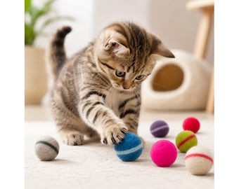Wool Felt Cat Toy Ball with Rattle, Handmade Pet Toys