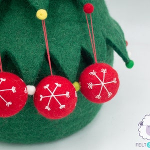 Wool Felt Snowflake Design on Ball Ornament | Handmade Ornaments with Hanging Loop for Christmas Tree Decor | Christmas Garland