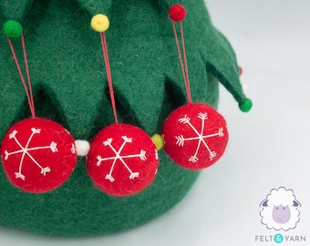 Diseño de copo de nieve de fieltro de lana en adorno de bola, Adornos hechos a mano con lazo para colgar para decoración de árbol de Navidad, Guirnalda de Navidad
