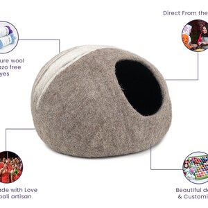 May include: A brown and white felt pet bed shaped like a cave. The bed is handmade by Nepali artisans and is made with 100% pure wool with azo free dyes. The bed is customizable and comes in a variety of colors and designs.