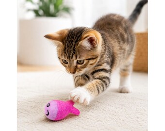 ウールフェルト製ピンクフィッシュ猫用おもちゃ｜手作りの環境に優しいフェルトウール製ペット用おもちゃ｜猫のためのインタラクティブなミニフィッシュおもちゃ