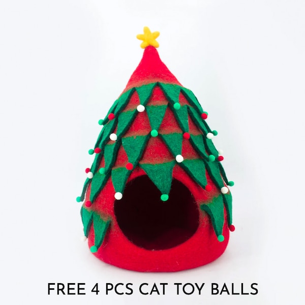 35cm Wool Felt Christmas Tree Cat Cave | Felted Cat Bed | Kitty Bed | Felt Cat House | Fair Trade | 100% Handmade and Wool | FREE SHIPPING