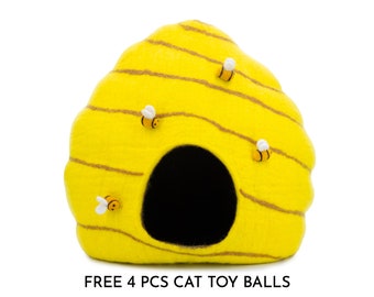 Wool Felt Bee Hive Cat Cave Bed | Handmade Pet Toy Ornaments | Pet Tunnel Felt Accessories | Cat House:  Certified Fair Trade and Handmade