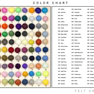 May include: Colour chart featuring 100 felt balls in a range of colours, numbered 1 to 100. Each ball is presented in a grid format. The chart also includes a list of colour names and their corresponding numbers.