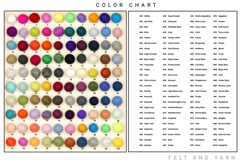 May include: Colour chart featuring 100 felt balls in a range of colours, numbered 1 to 100. Each ball is presented in a grid format. The chart also includes a list of colour names and their corresponding numbers.