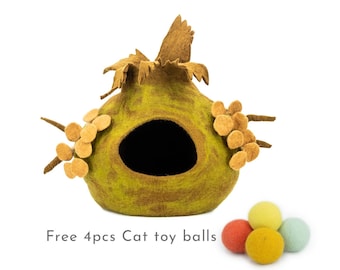 Cama para gatos de 50 cm con diseño de setas de la jungla de fieltro de lana / Cama de fieltro para gatos / Casa de fieltro para mascotas / Comercio justo / 100 % lana y hecha a mano