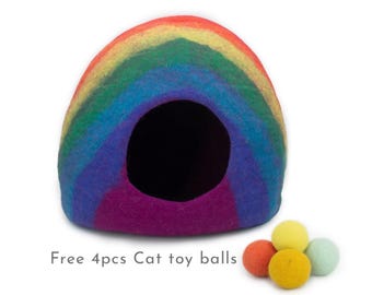 50cm Rainbow Cat Bed Cave, Wool Felted Cat House, Handmade Kitten Cocoon
