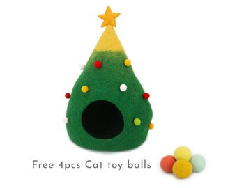 40cm Wool Felt Christmas Tree Cat Cave | Felted Cat Bed | Kitty Bed | Felt Cat House | Fair Trade | 100% Handmade and Wool |
